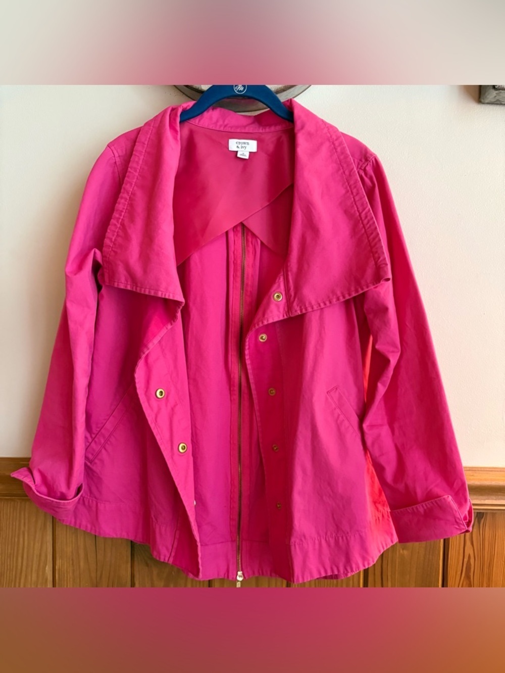 Crown & Ivy S Pink Lightweight Jacket, 100% cotton, navy & white interior piping